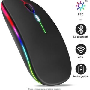 Mouse sem Fio Recarregável com LED RGB Premium, Design Ergonômico, Conexão Dual Bluetooth 5.0/USB 2.4GHz, DPI Ajustável, Silencioso – Ideal para Notebook, PC, Desktop, Laptop e TV Smart